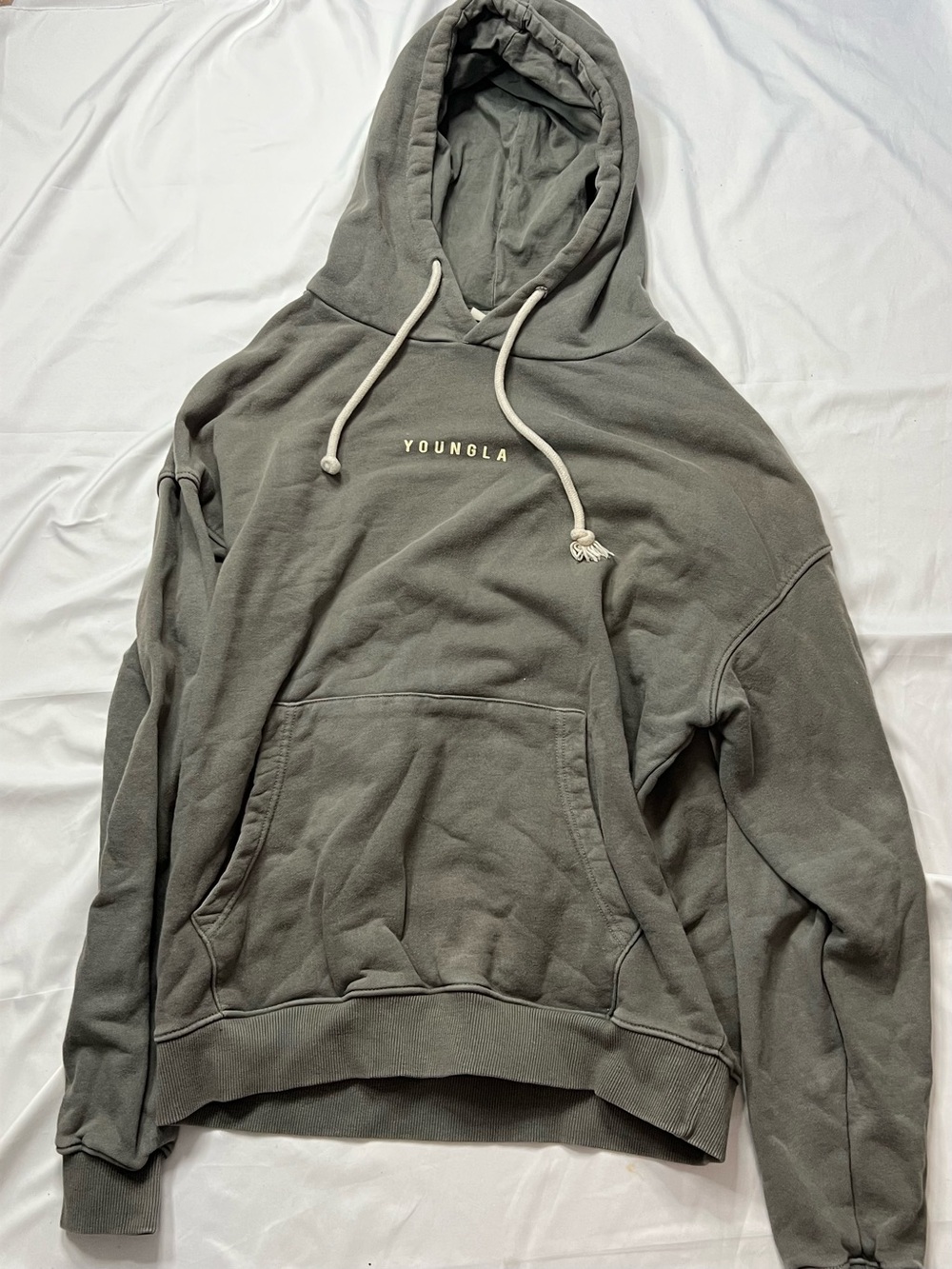 YoungLA Olive Crewneck Hoodie with Cream Drawstrings